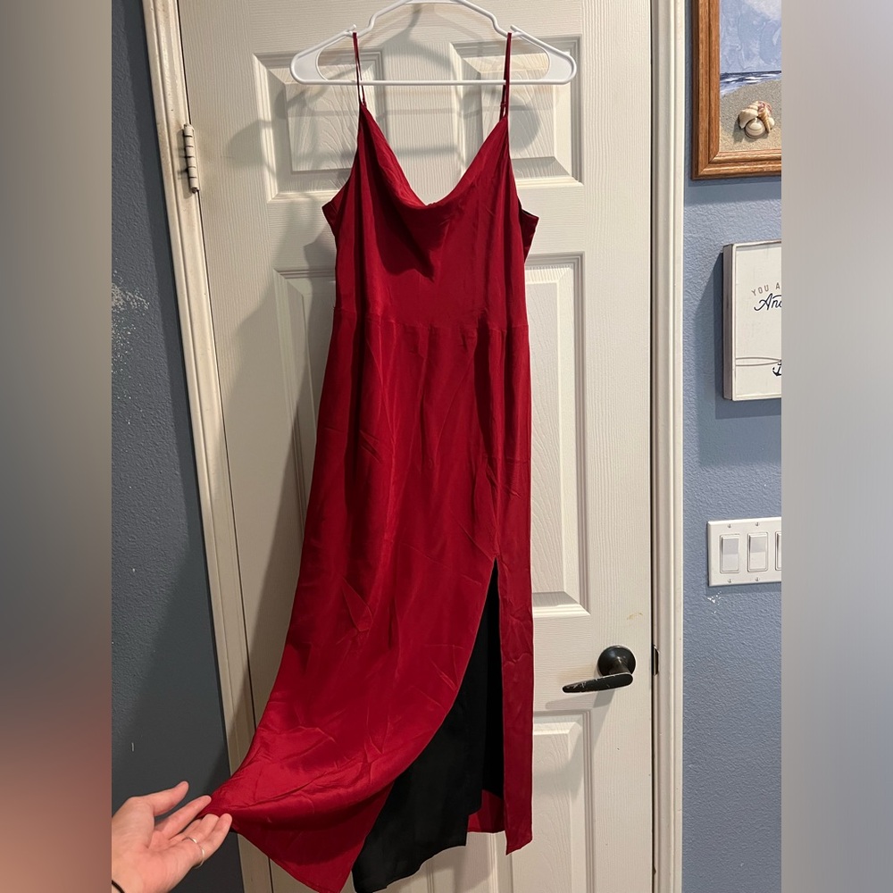 Red silk dress with a slit on the side